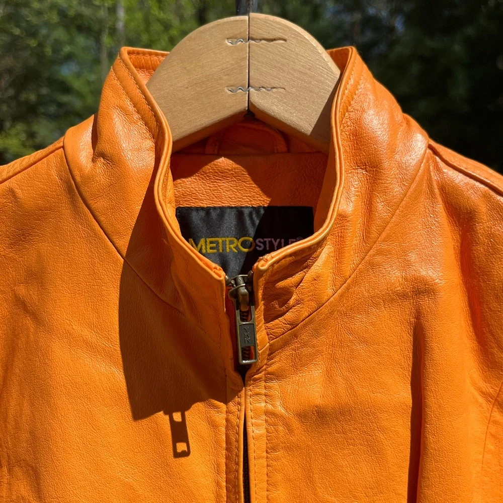 Y2K Metro Style Neon Orange Racing 100% Genuine Leather Jacket Women’s Size L - Picture 16 of 16